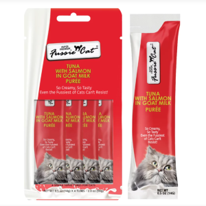 Fussie Cat Tuna w Salmon in Goat Milk Puree .5oz 4pack Cat Treats