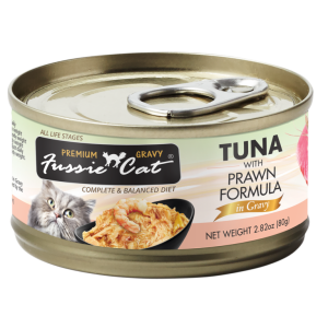 Fussie Cat Tuna & Prawn In Gravy 2.82oz Cat Food Can